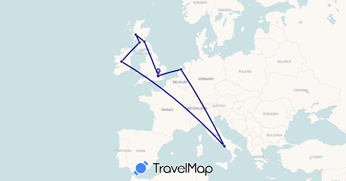TravelMap itinerary: driving in United Kingdom, Ireland, Italy, Netherlands (Europe)